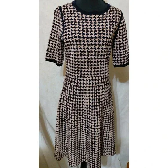 knee length dresses for ladies Houndstooth Print with Belt Cold Shoulder Long Sleeve Midi Maxi Shirt Dress Ivory Orange / S-M-L/2-2-2 main image 0